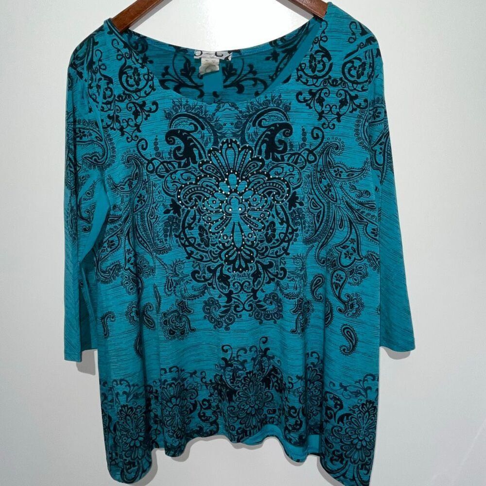 Rue Juju Women's Teal‎ Black Paisley Scoop Neck 3/4 Sleeve Blouse Size Large